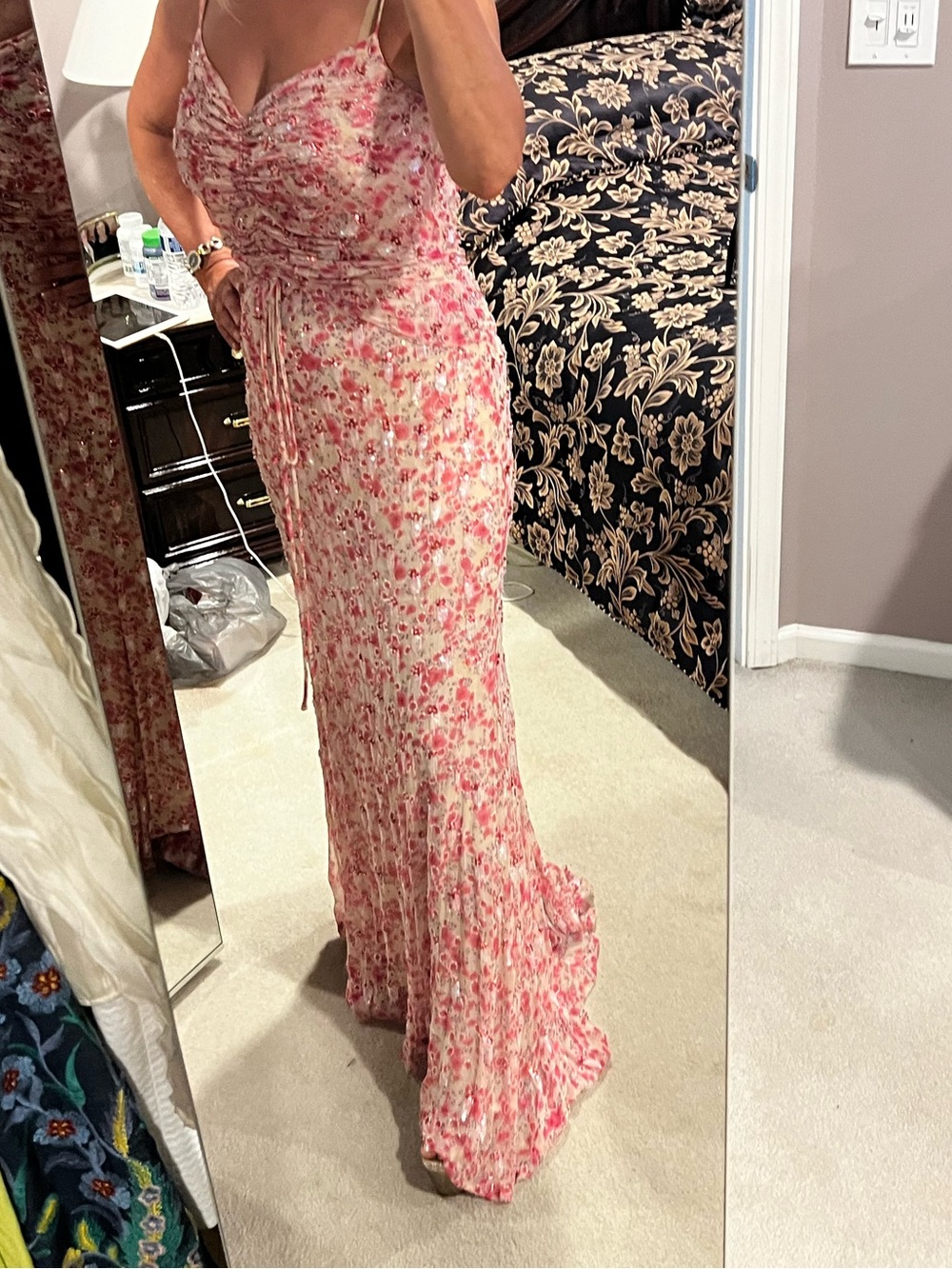Badgley Mishka Floral silk beaded Ruched Maxi Dress in Blush Pink